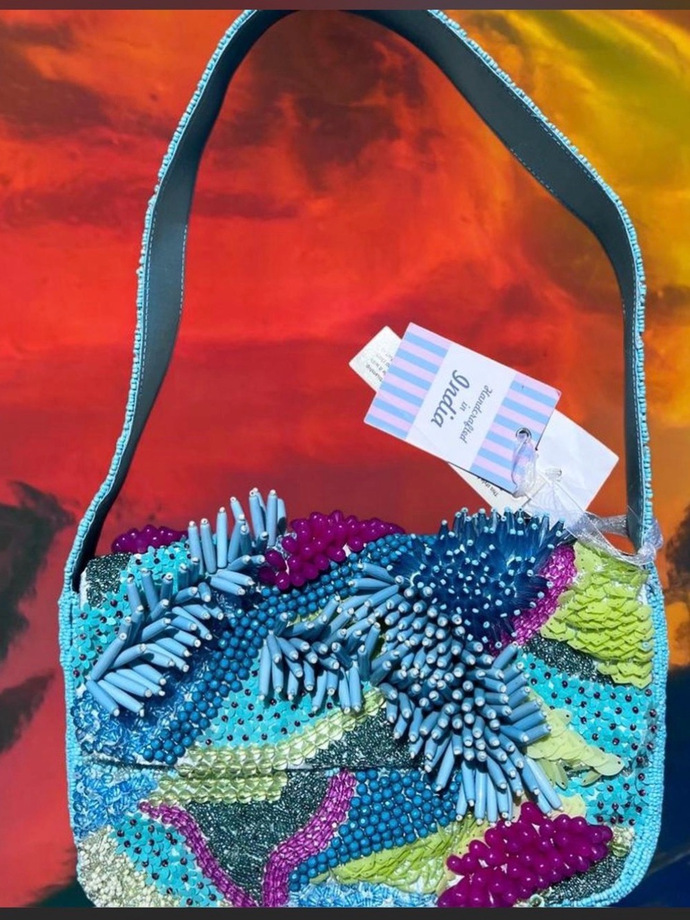 NWT Abstract Beaded Design Shoulder Bag in Blue, Teal, Purple, Yellow SMALL